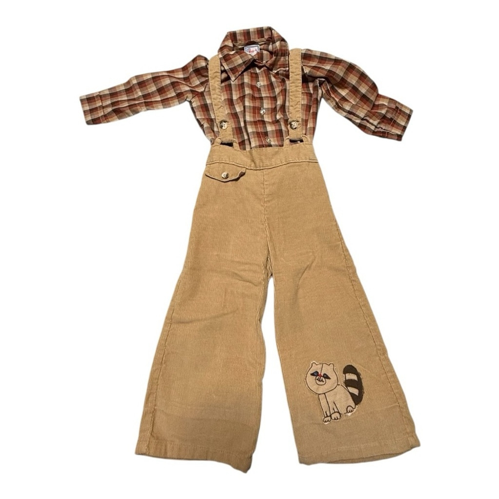 Vintage Boys Wonderalls 2T Tan Corduroy Overalls & Plaid Shirt 2 Piece Set RARE